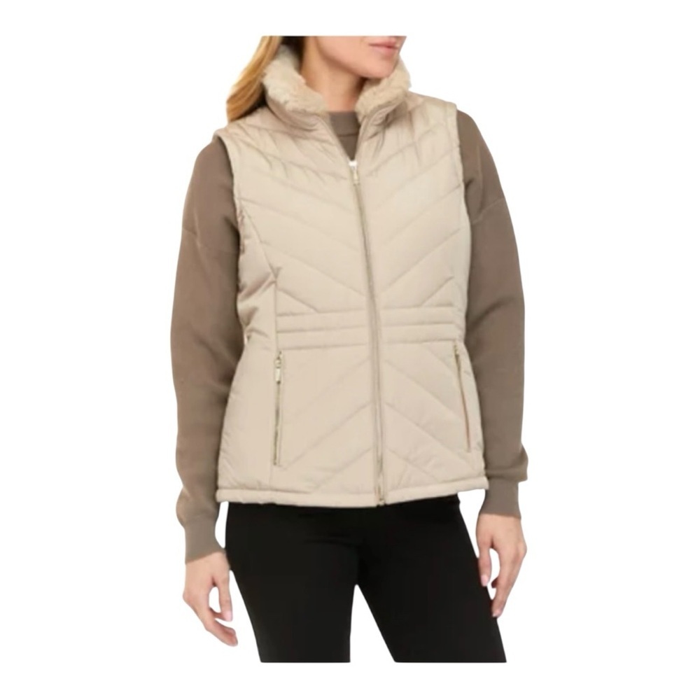 Calvin Klein Quilted Faux Fur Collar Puffer Vest- Beige M